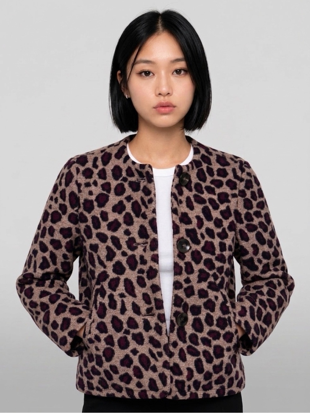 Ann Taylor Leopard Print Jacket in Taupe with Plum Spots